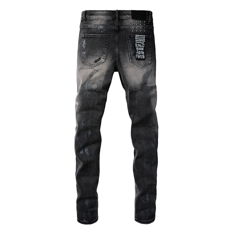 Men's Black Gray Washed Distressed Skinny Jeans - Streetwear Ripped Denim Pants