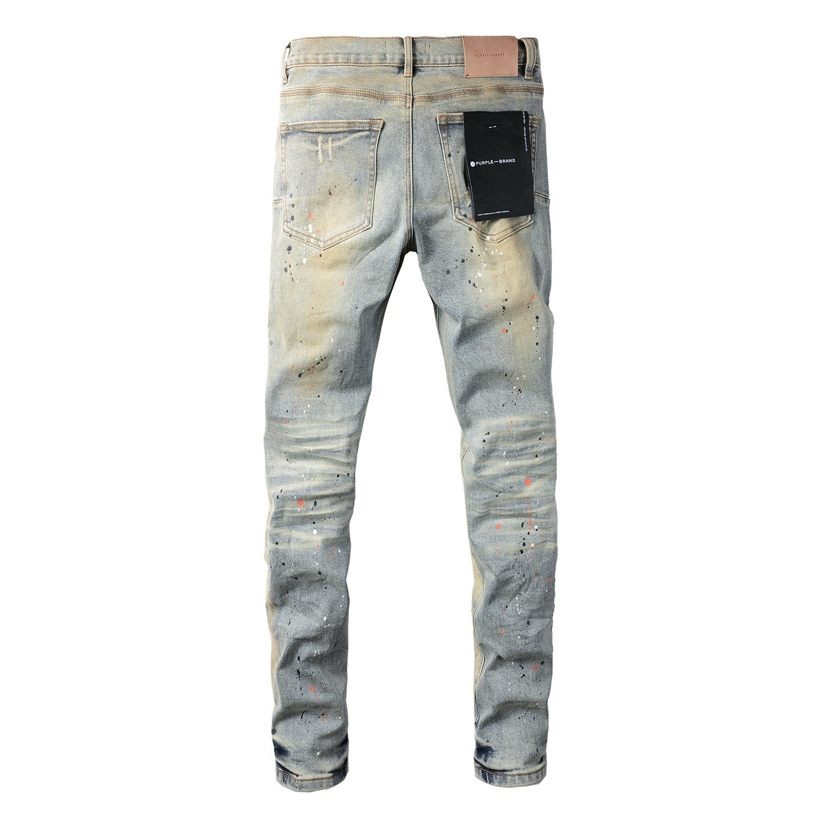 Men's Slim Fit Distressed Washed Light Blue Graffiti Jeans with Ripped Holes & Button Fly