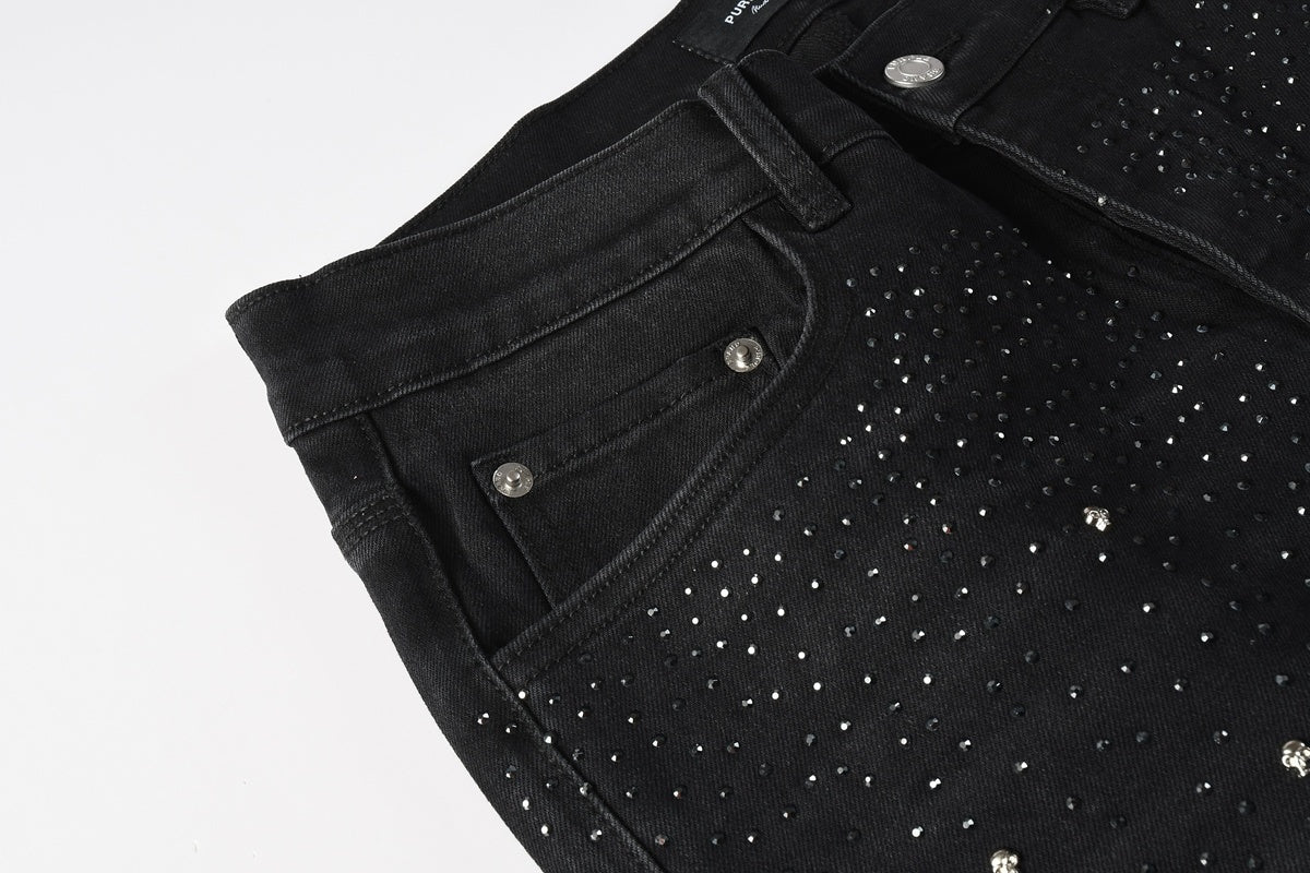 Men's Distressed Black Skinny Jeans with Ripped Holes, Rhinestones & Button Fly