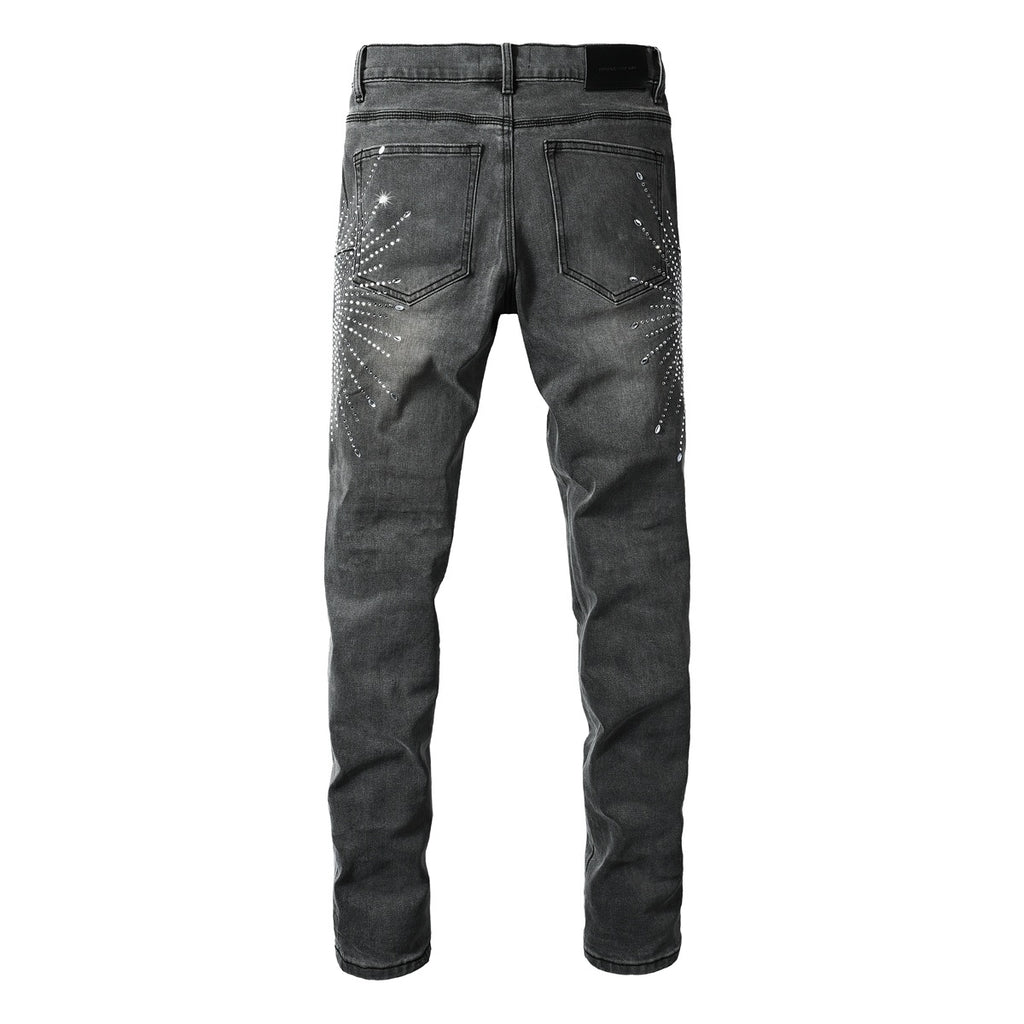 Men's Distressed Skinny Jeans with Ripped Holes, Rhinestones & Button Fly