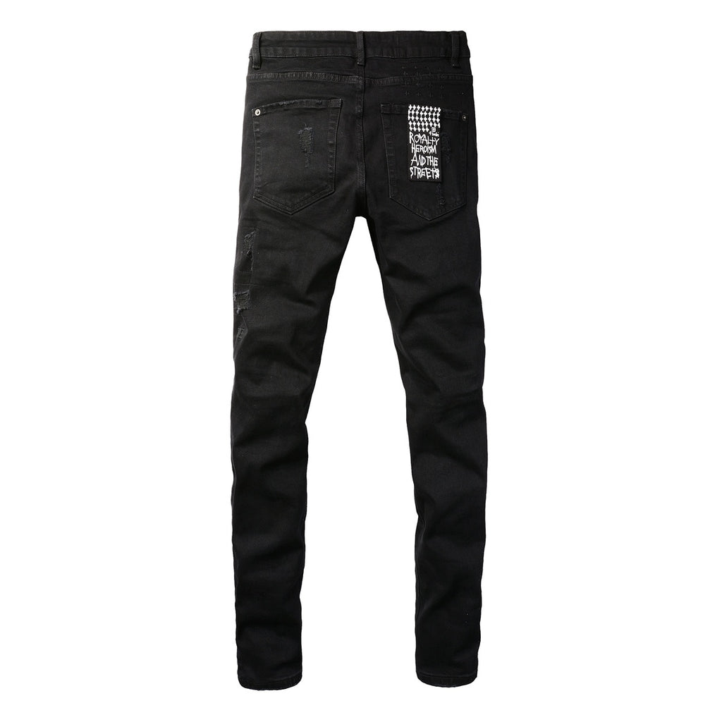 Men's Black Heavy Distressed Bandana Patch Skinny Jeans - Stretch Denim