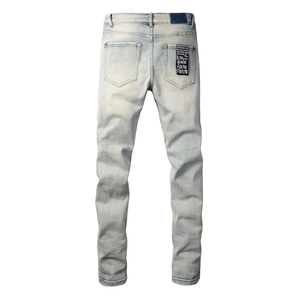 Men's Light Wash Graphic Print Distressed Skinny Jeans - Stretch Denim