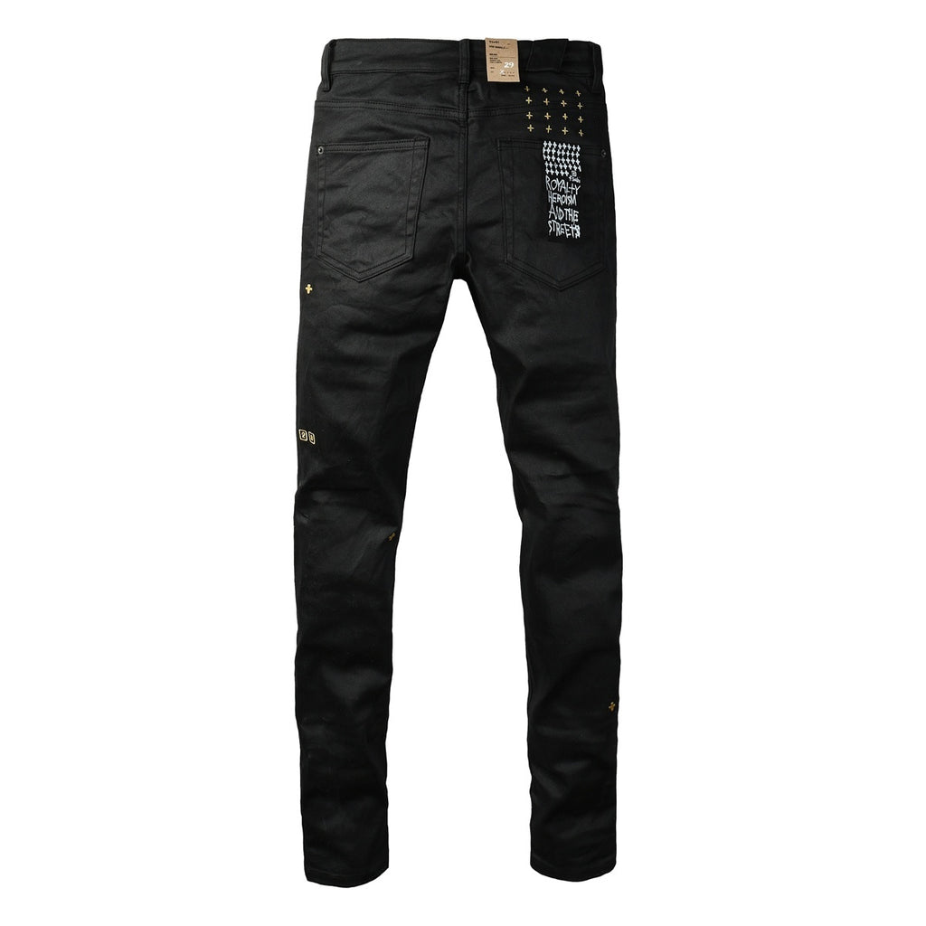 Men’s Black Waxed Skinny Jeans - Gold Studded Streetwear Denim