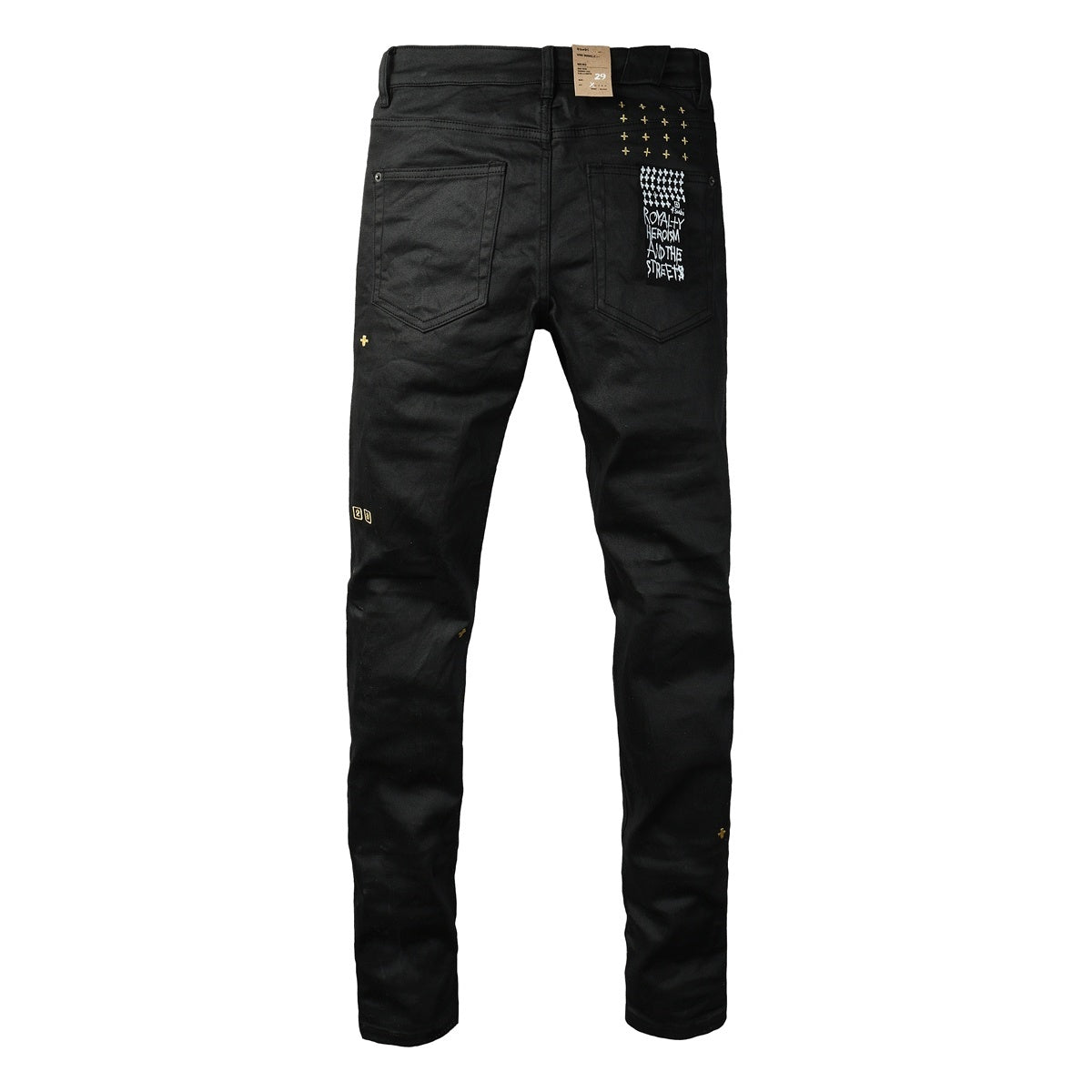 Men’s Black Waxed Skinny Jeans - Gold Studded Streetwear Denim