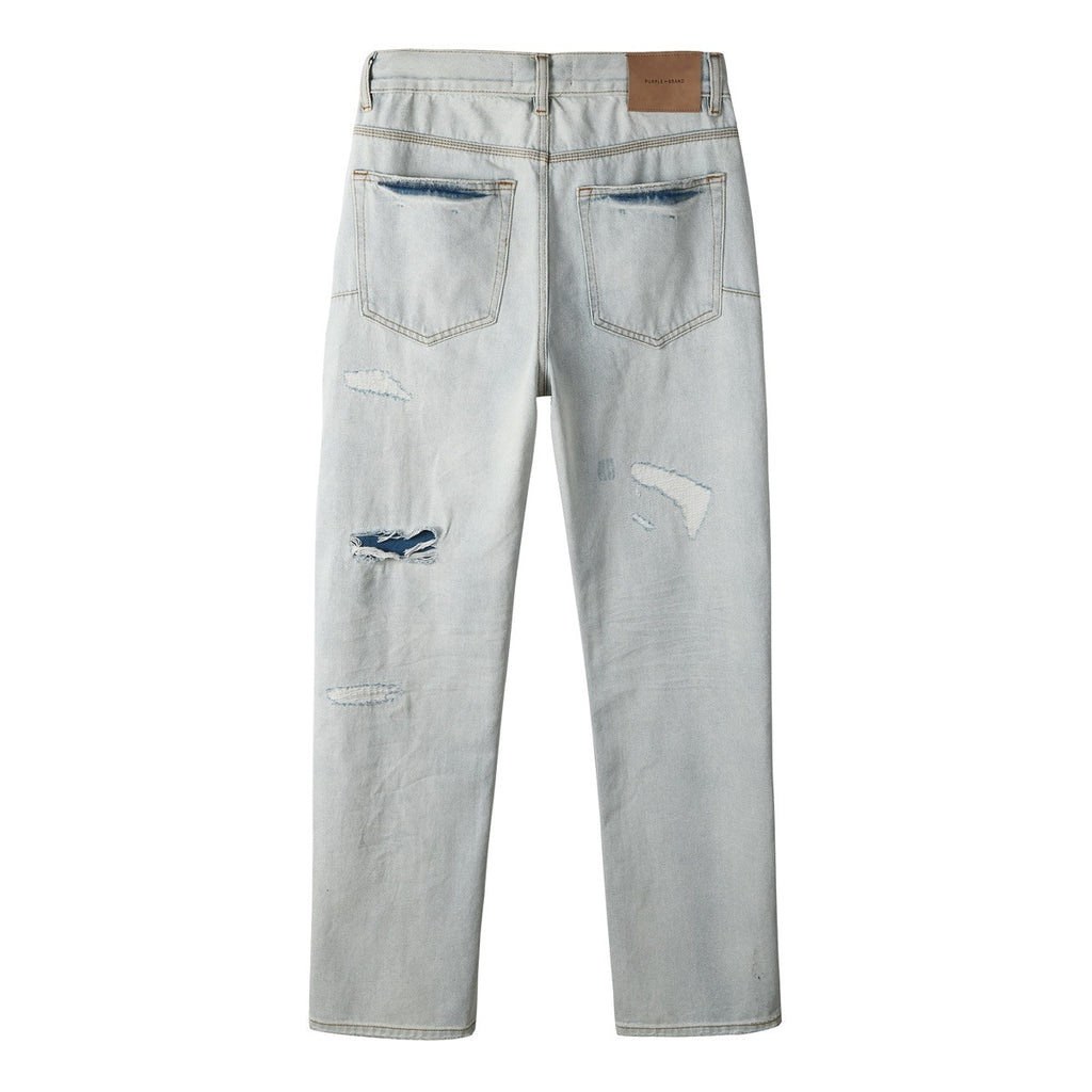Men's Wide Leg Distressed Blue Jeans with Bandanna Patchwork, Ripped Holes & Button Fly