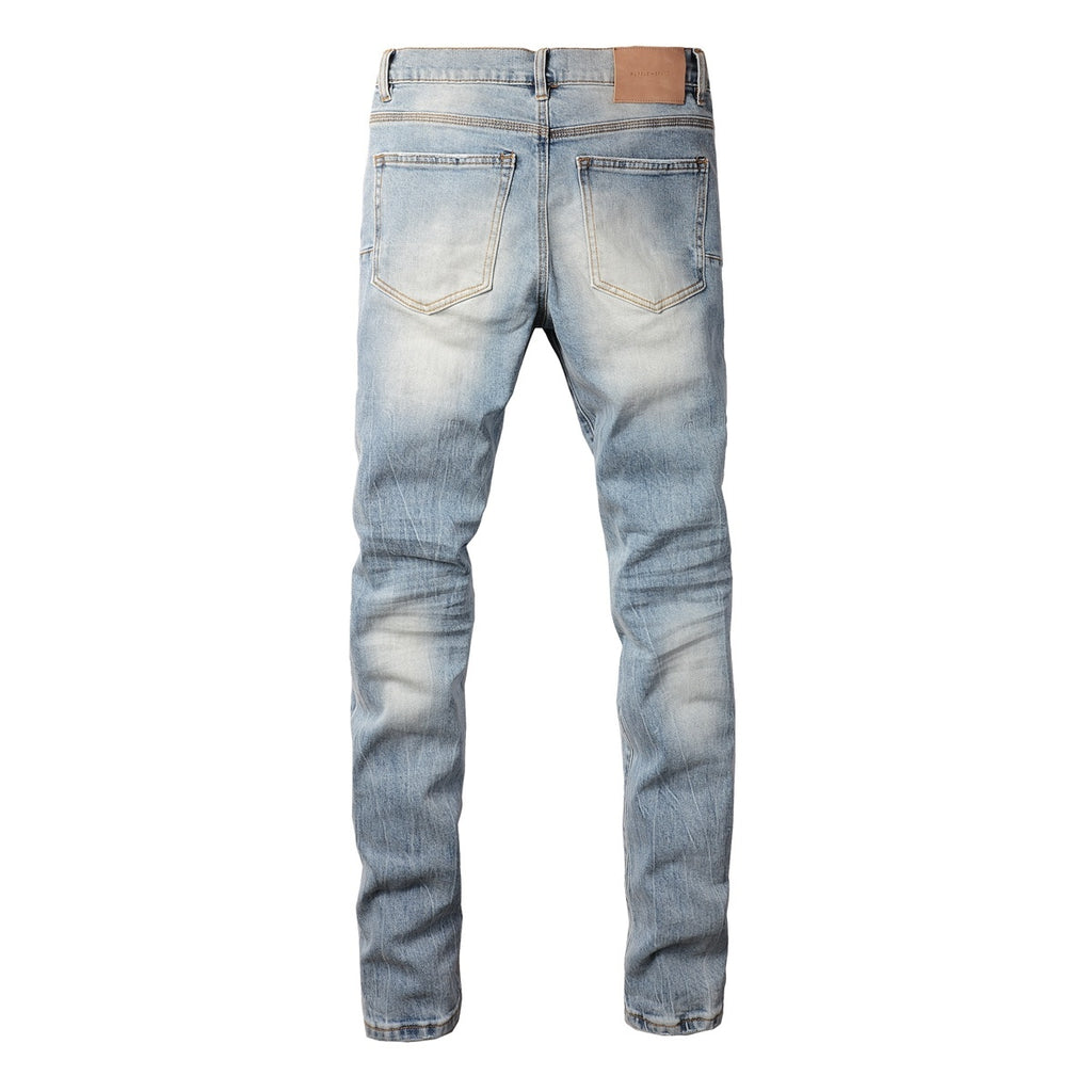 Men's Distressed Light Blue Skinny Jeans with Ripped Holes & Button Fly