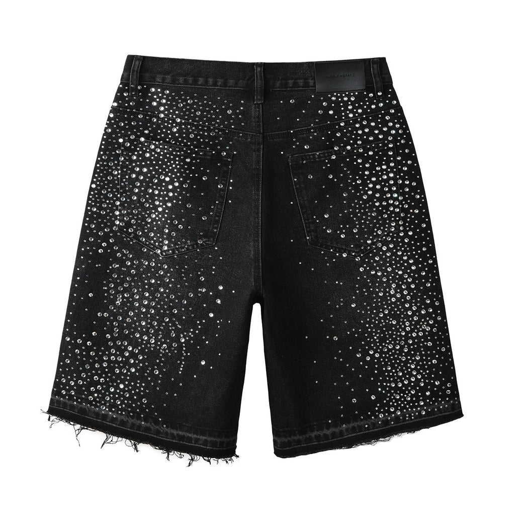Men's Distressed Black Denim Shorts with Rhinestones, Ripped Holes & Raw Hem
