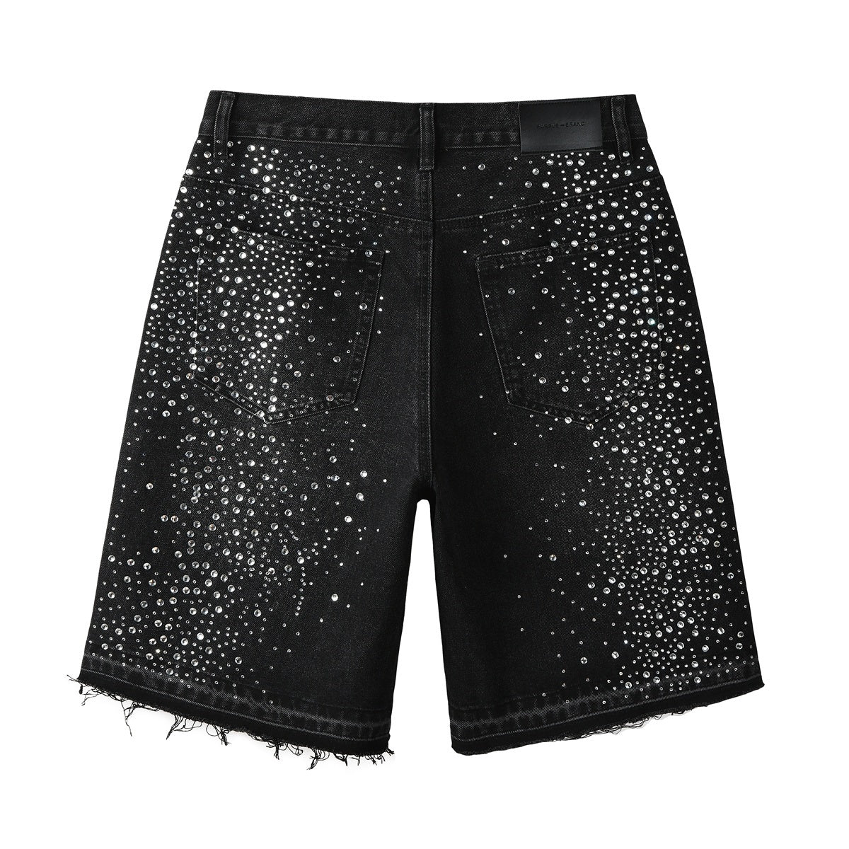 Men's Distressed Black Denim Shorts with Rhinestones, Ripped Holes & Raw Hem