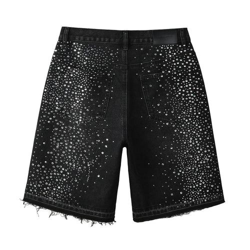 Men's Distressed Black Denim Shorts with Rhinestones, Ripped Holes & Raw Hem