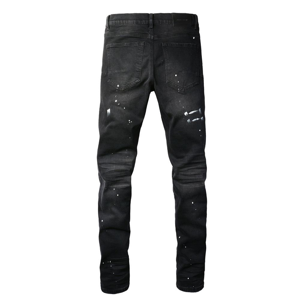Men's Distressed Black Skinny Jeans with Graffiti Print, Ripped Holes & Button Fly