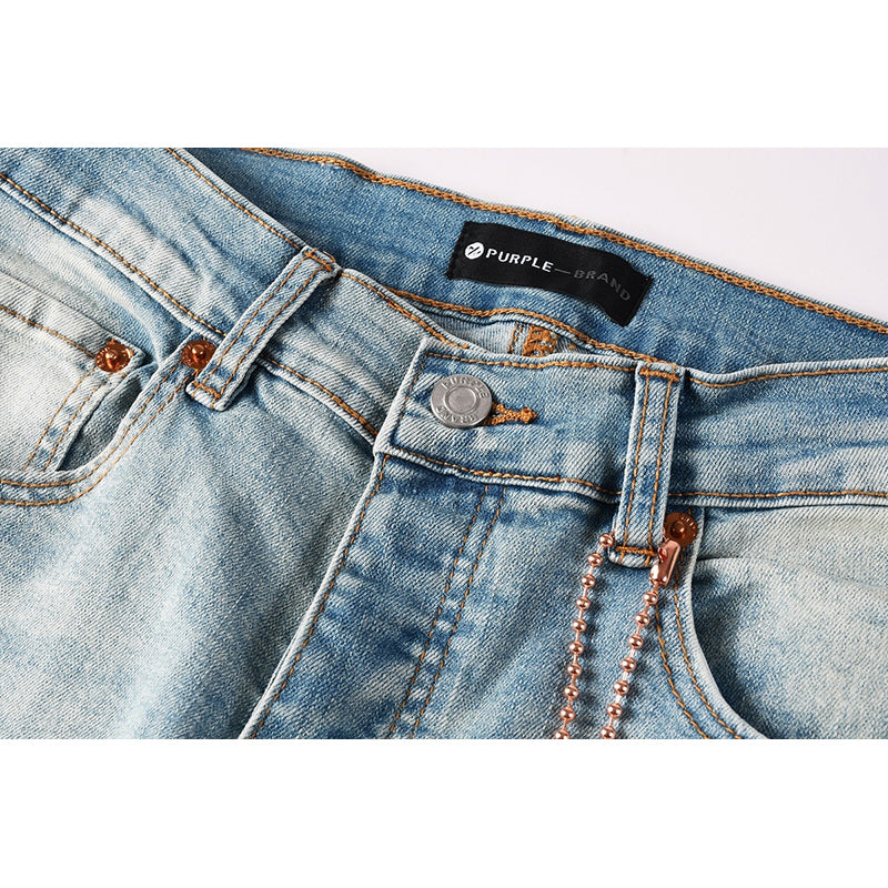 Men's Light Wash Embroidered Letter Skinny Jeans | Streetwear Slim Fit Distressed Denim Pants