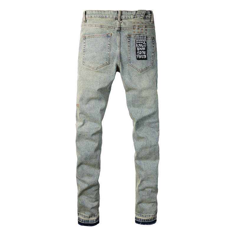 Men’s Vintage Light Wash Skull Print Skinny Jeans - Streetwear Denim Pants