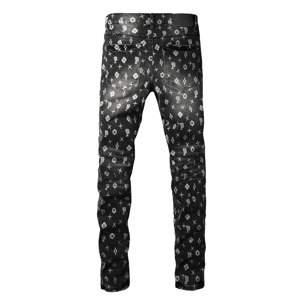 Distressed Skinny Jeans with Laser Print Patterns & Ripped Holes & Button Fly