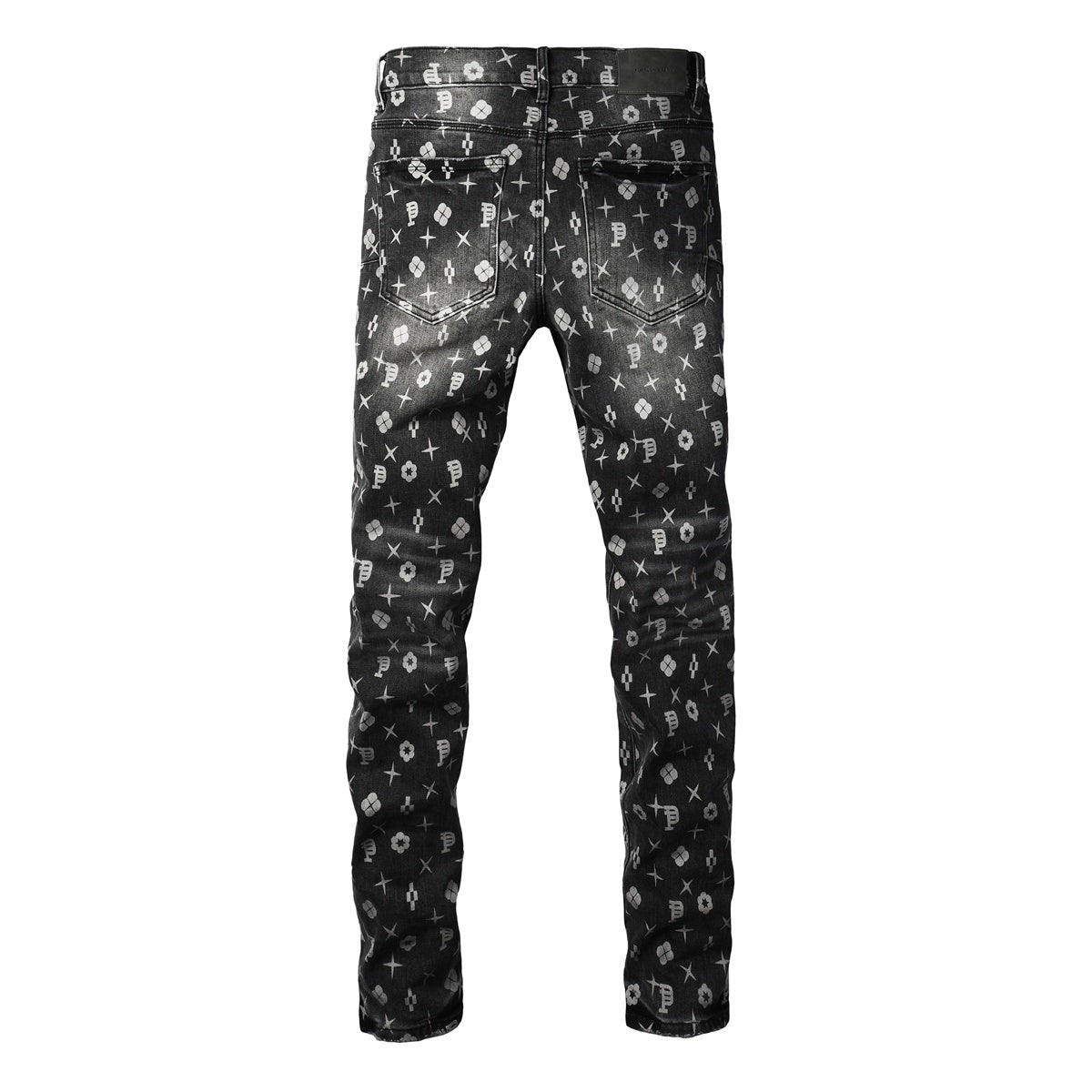 Distressed Skinny Jeans with Laser Print Patterns & Ripped Holes & Button Fly