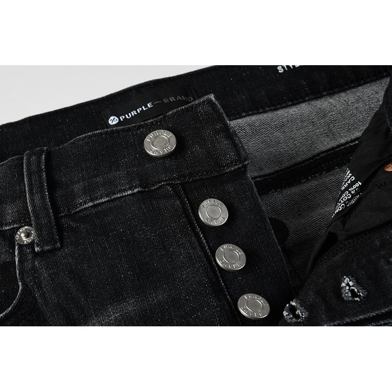 Men's Black Washed Bandana Rhinestone Skinny Jeans | Streetwear Slim Fit Embellished Denim Pants