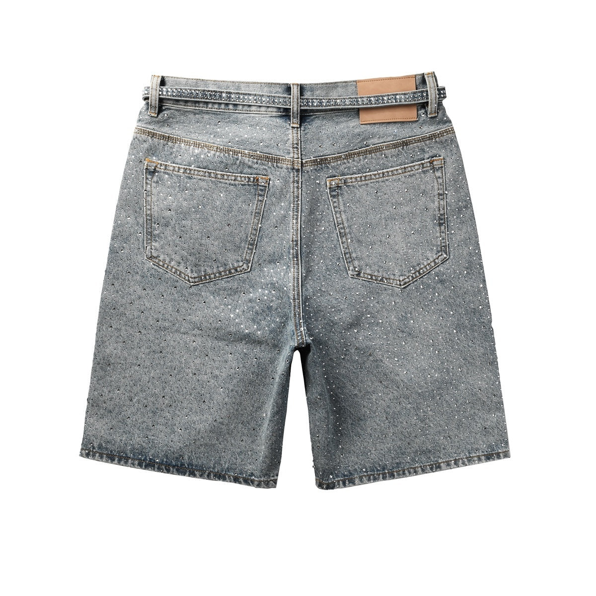 Men's Distressed Vintage Blue Denim Shorts with Rhinestones & Ripped Detailing
