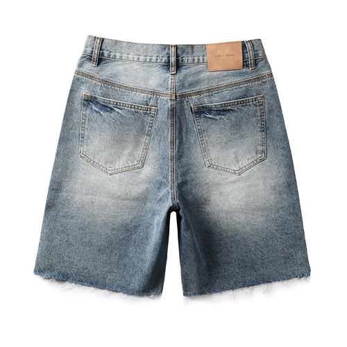 Men's Distressed Washed Blue Baggy Denim Shorts with Stretch Fit