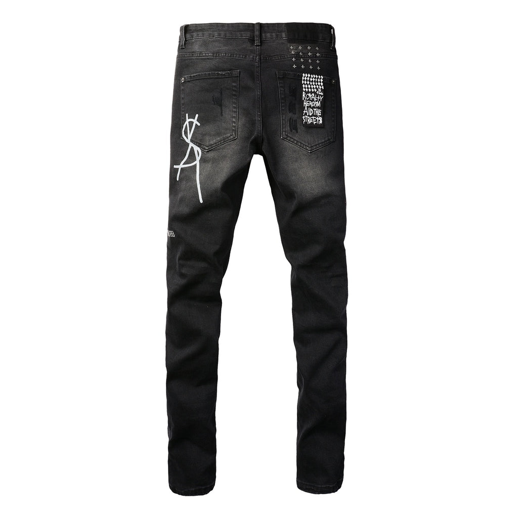Men's Black Wash Cross-Studded Distressed Skinny Jeans - Stretch Denim