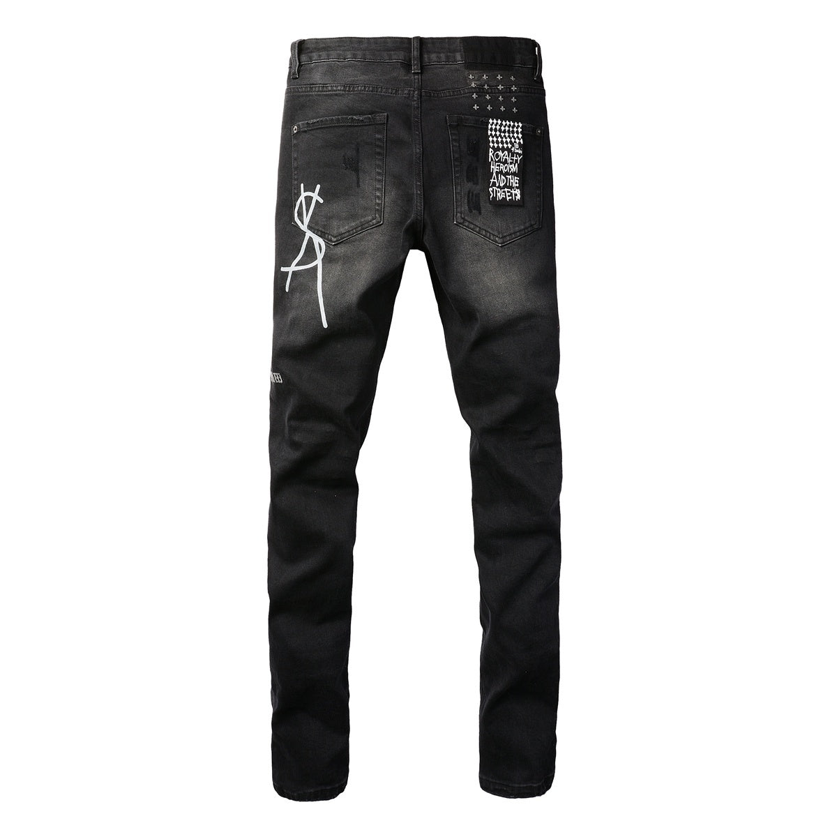 Men's Black Wash Cross-Studded Distressed Skinny Jeans - Stretch Denim