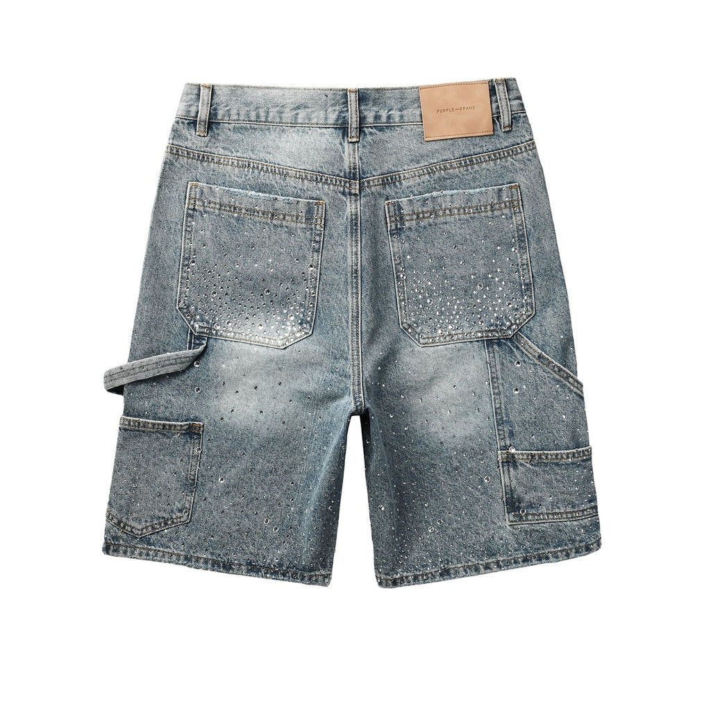 Men's Distressed Vintage Blue Denim Shorts with Rhinestones & Ripped Detailing