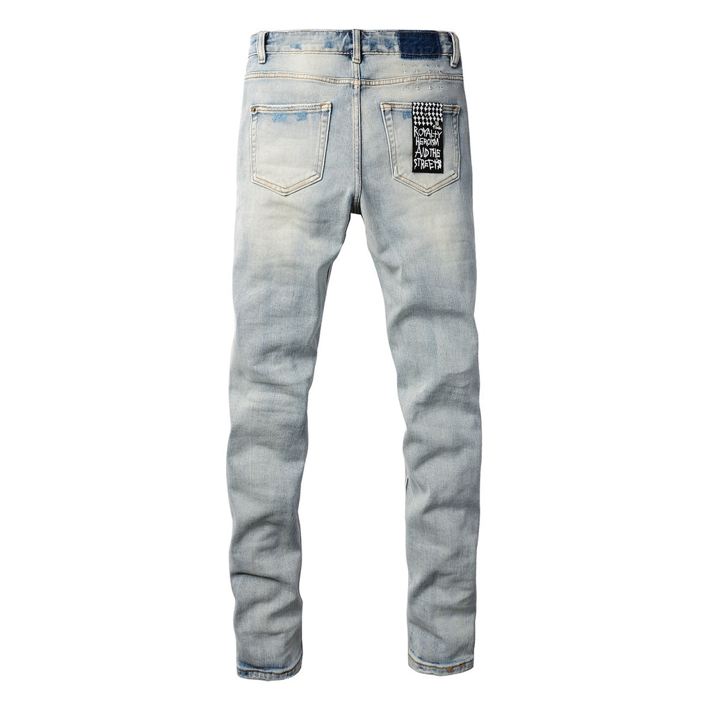 Men's Light Wash Artistic Patchwork Distressed Skinny Jeans - Stretch Denim