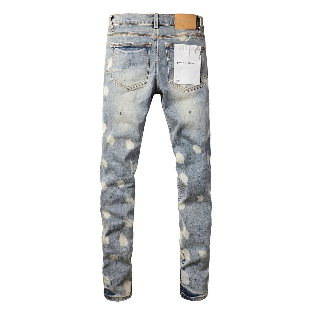 Men's Distressed Light Blue Graffiti Skinny Jeans with Ripped Holes & Button Fly