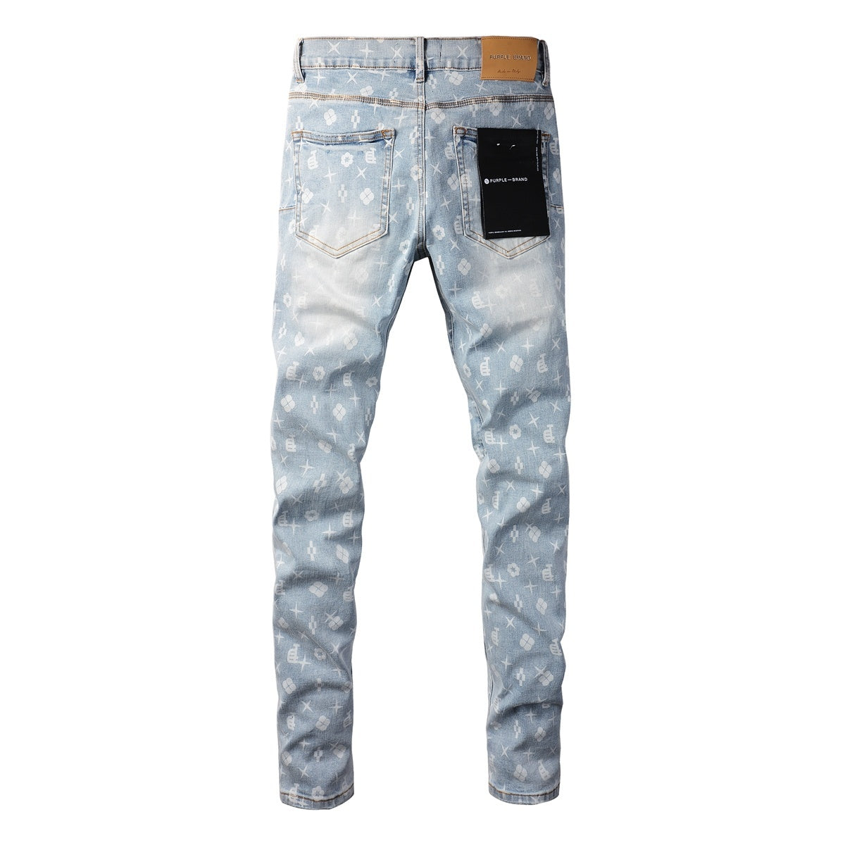 Men's Distressed Light Blue Skinny Jeans with Laser Print Patterns & Button Fly