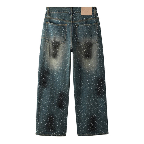 Men's & Women's High Street Baggy Distressed Blue Jeans with Rhinestones & Loose Fit