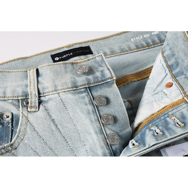 Men's Light Wash Sunburst Rhinestone Skinny Jeans | Streetwear Distressed Slim Fit Denim Pants