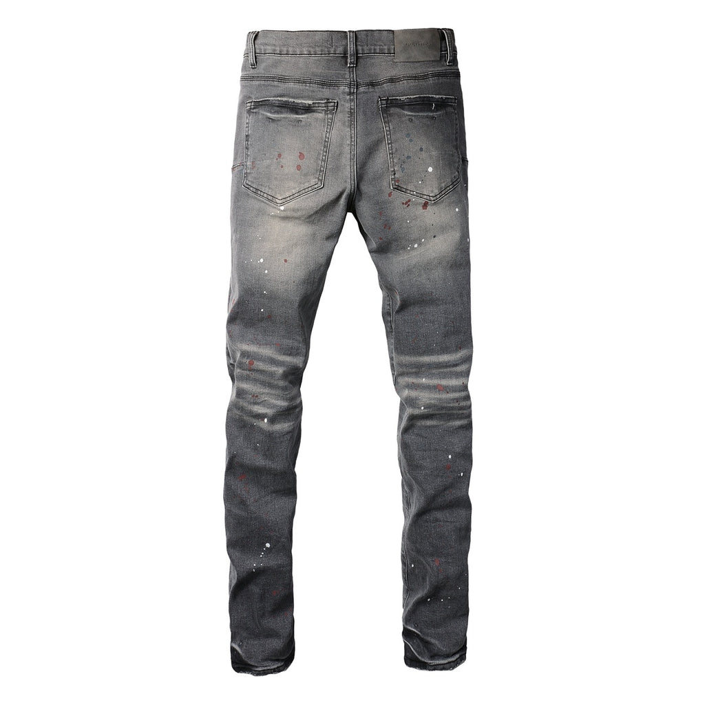 Men's Distressed Gray Graffiti Skinny Jeans with Ripped Holes & Button Fly