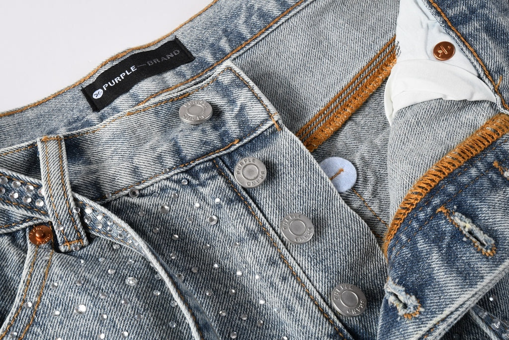 Men's Distressed Vintage Blue Denim Shorts with Rhinestones & Ripped Detailing