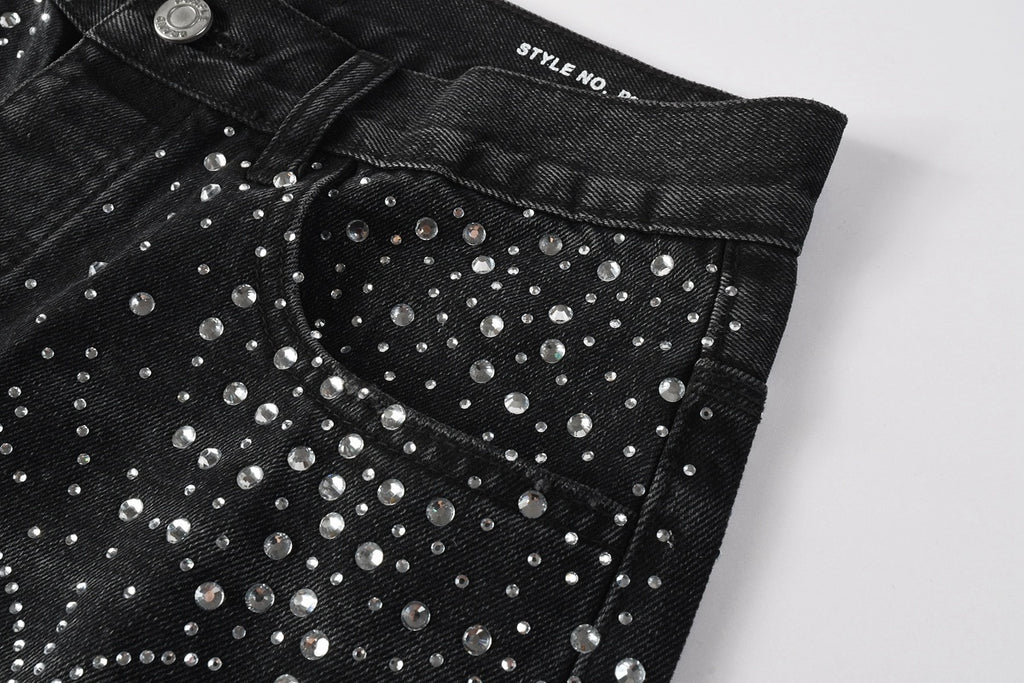 Men's Distressed Black Denim Shorts with Rhinestones, Ripped Holes & Raw Hem