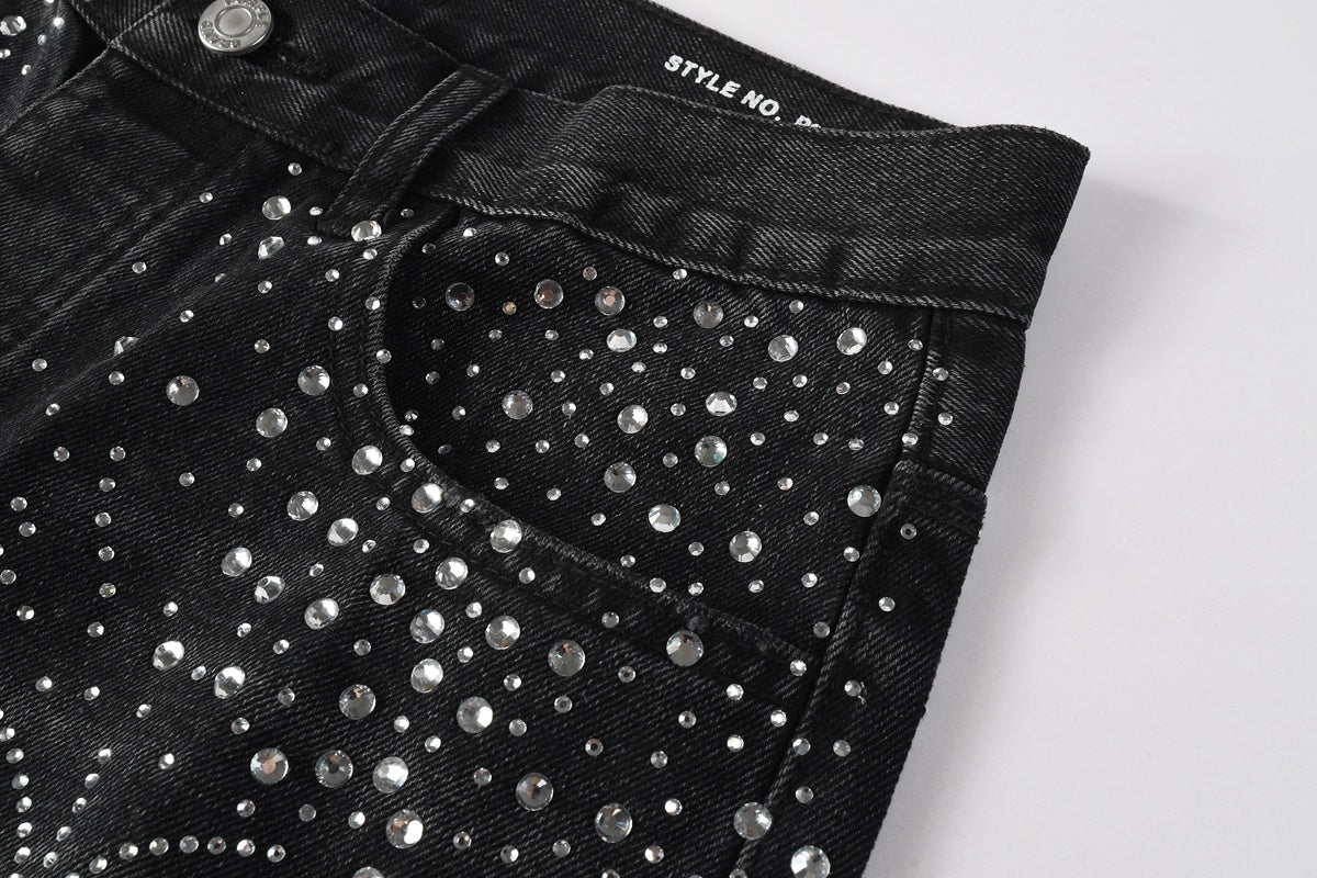 Men's Distressed Black Denim Shorts with Rhinestones, Ripped Holes & Raw Hem