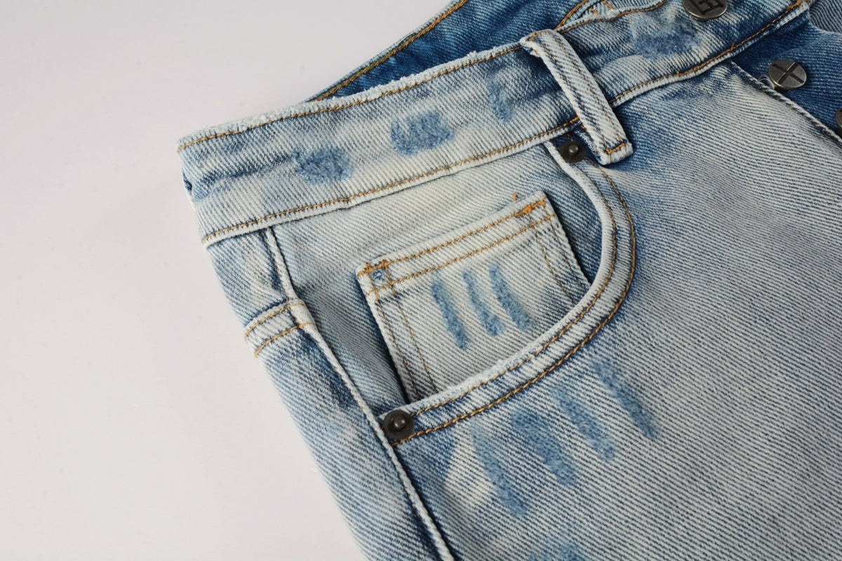 Men's Light Wash Artistic Patchwork Distressed Skinny Jeans - Stretch Denim