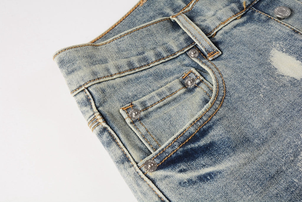 Men's Distressed Light Blue Graffiti Skinny Jeans with Ripped Holes & Button Fly