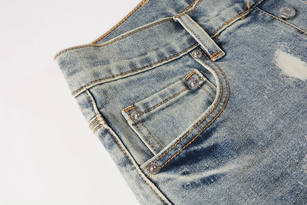 Men's Distressed Light Blue Graffiti Skinny Jeans with Ripped Holes & Button Fly