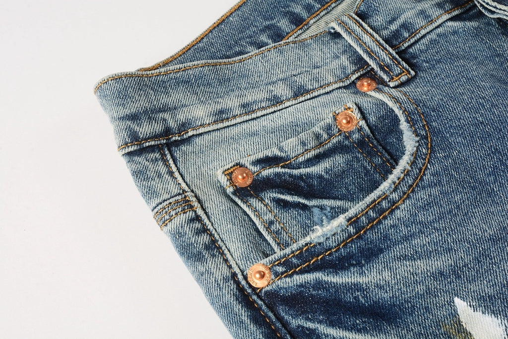 Men's Slim Fit Distressed Blue Graffiti Skinny Jeans with Ripped Holes & Button Fly