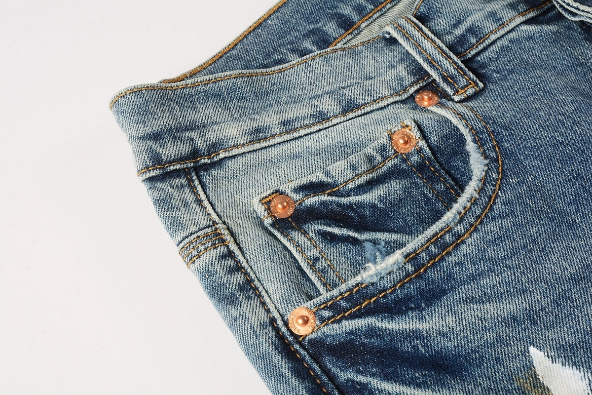Men's Slim Fit Distressed Blue Graffiti Skinny Jeans with Ripped Holes & Button Fly