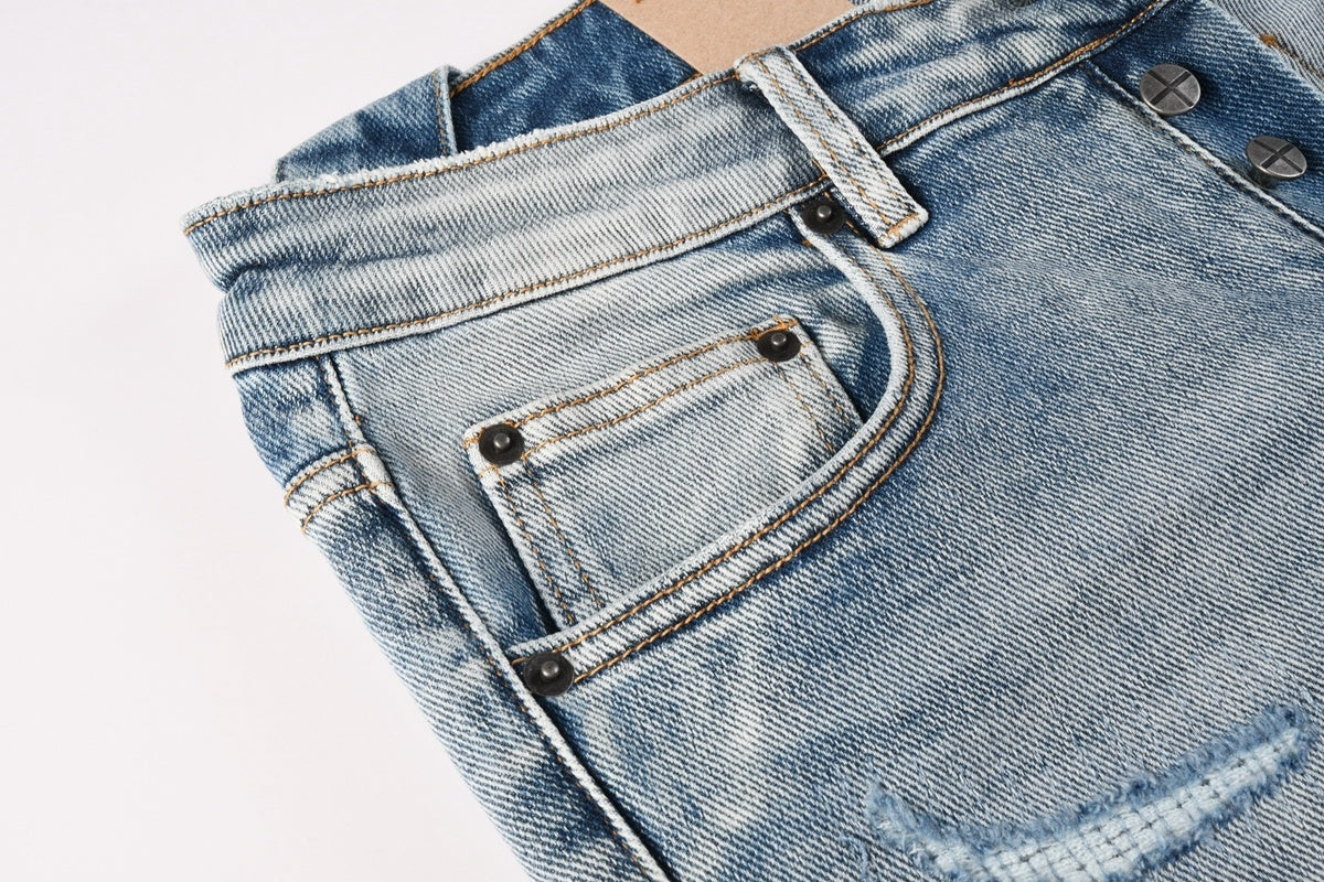 Men’s Light Wash Skinny Jeans - Cross Embroidered Distressed Denim