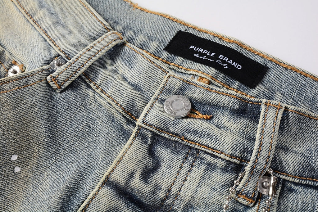 Men's Slim Fit Distressed Washed Light Blue Graffiti Jeans with Ripped Holes & Button Fly