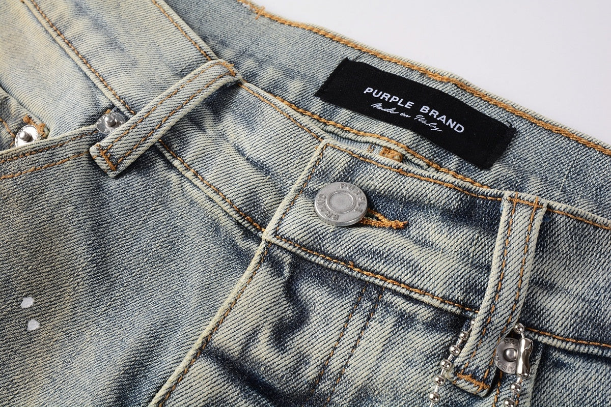 Men's Slim Fit Distressed Washed Light Blue Graffiti Jeans with Ripped Holes & Button Fly