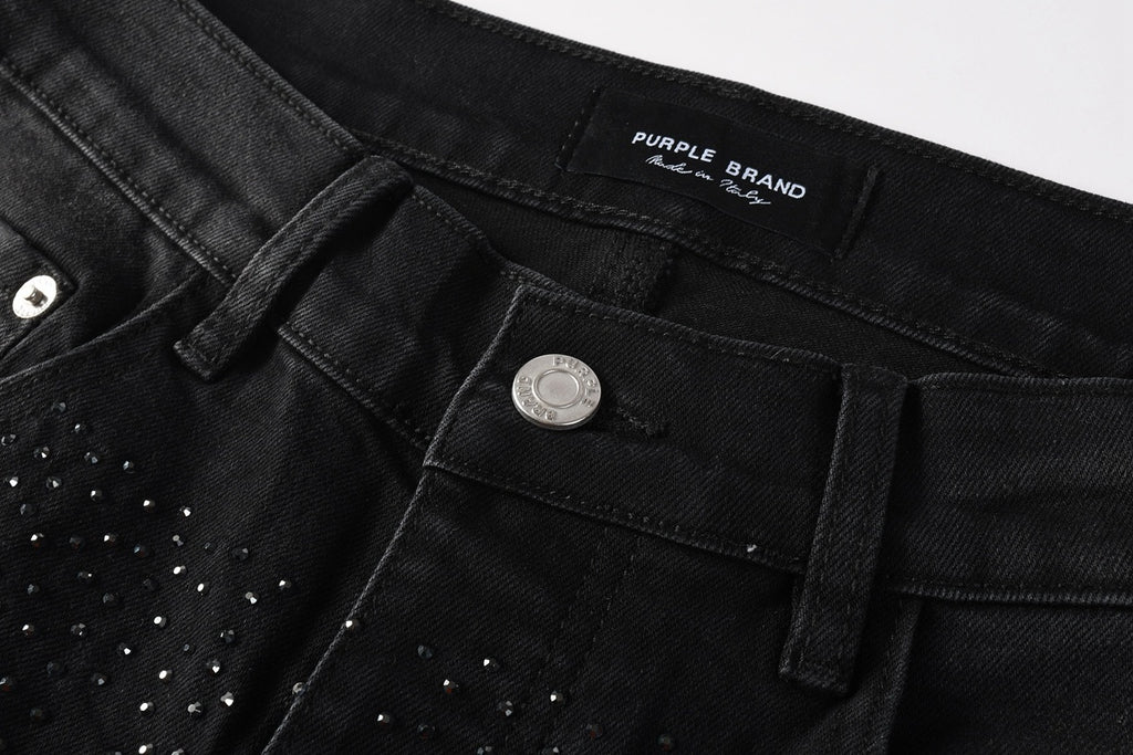 Men's Distressed Black Skinny Jeans with Ripped Holes, Rhinestones & Button Fly