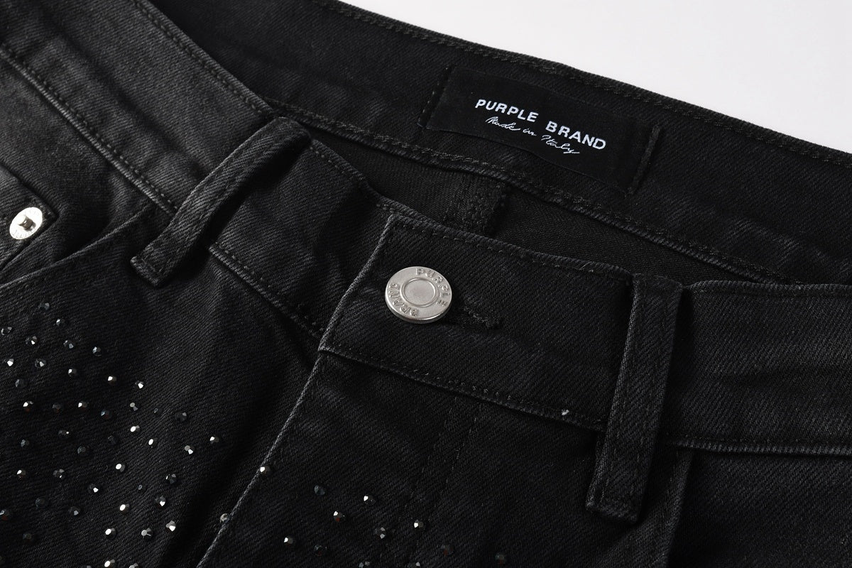 Men's Distressed Black Skinny Jeans with Ripped Holes, Rhinestones & Button Fly
