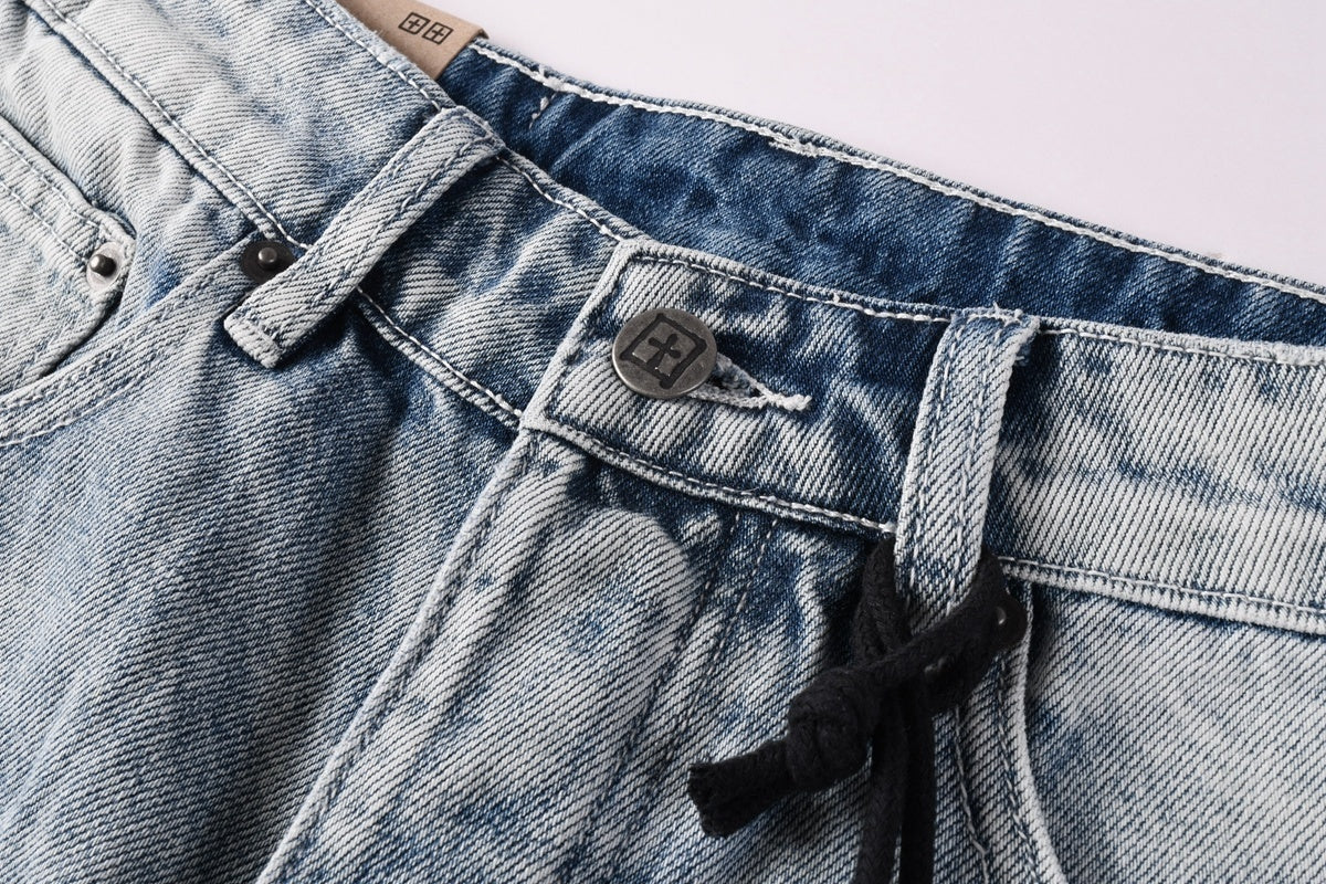 Men’s Light Wash Baggy Jeans - Cross Embroidered Loose Denim