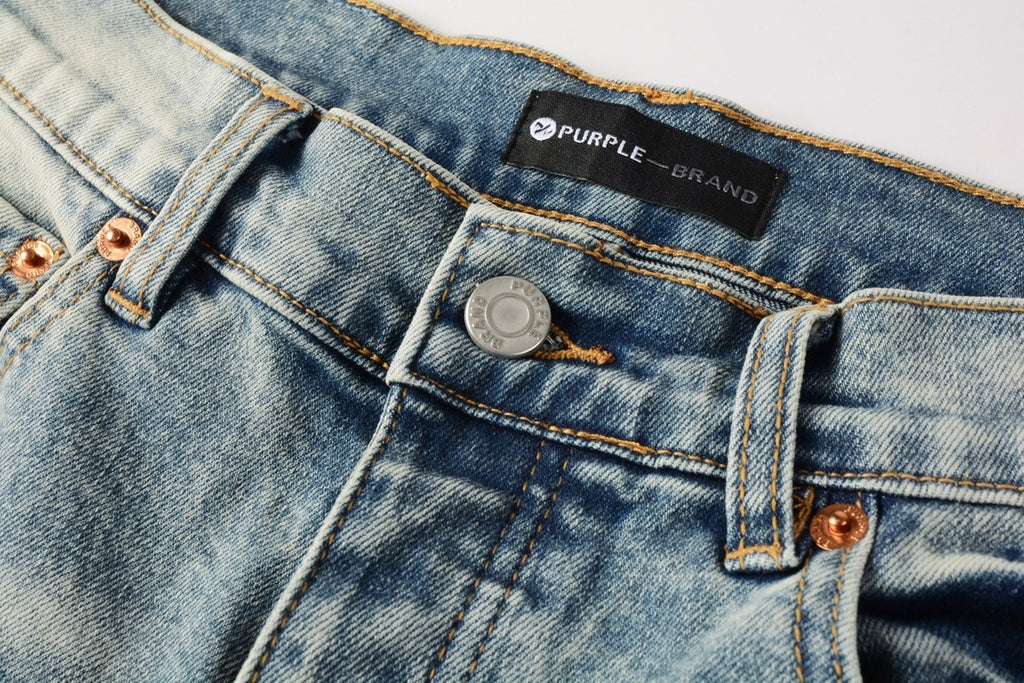 Men's Distressed Light Blue Slim Fit Patchwork Skinny Jeans with Ripped Holes & Button Fly