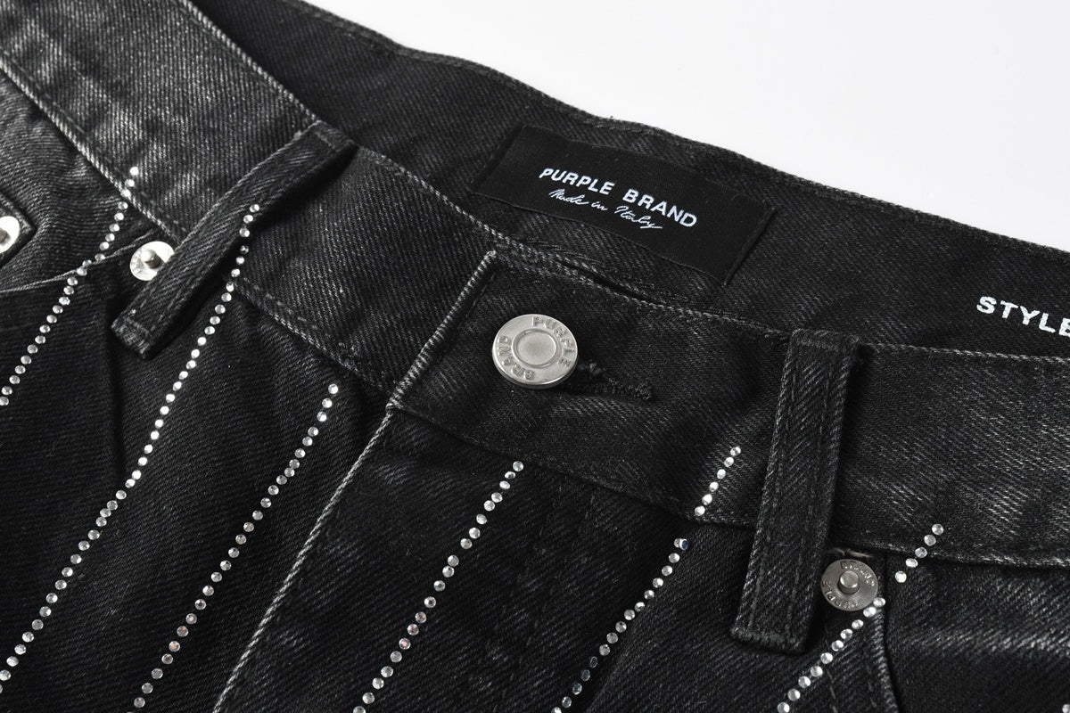 High-Quality Men's Distressed Black Denim Shorts with Rhinestones, Ripped Holes & Loose Fit