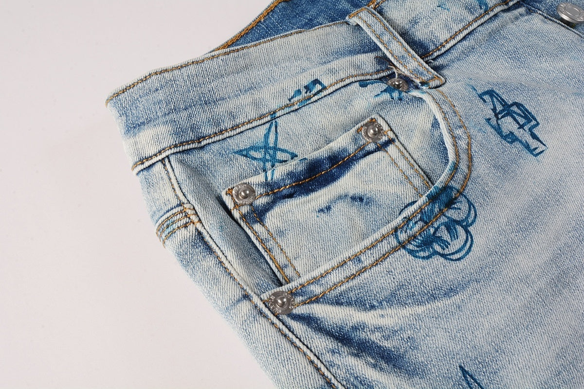High Street Distressed Blue Laser Patterns Stretch Skinny Ripped Jeans