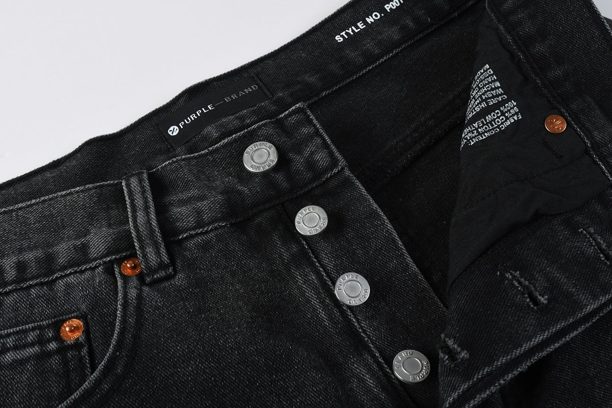 Men's Distressed Black Gray Loose Fit Jeans with Ripped Holes & Button Fly