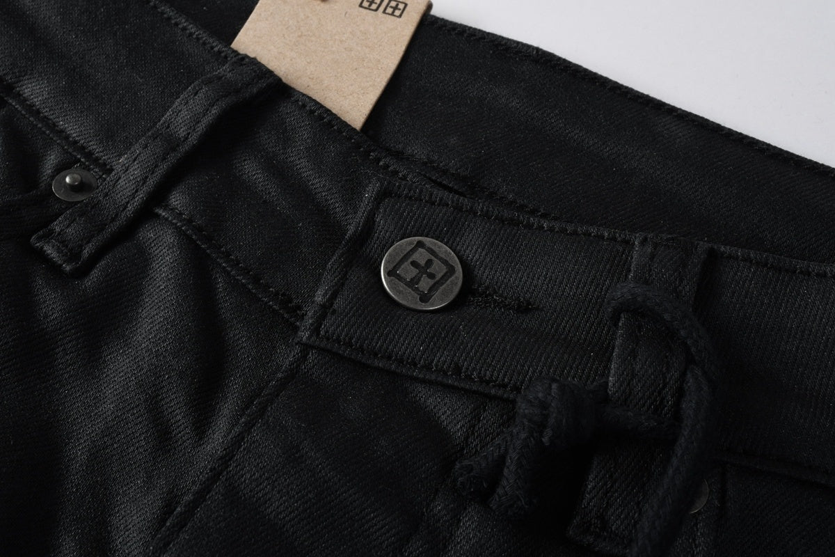 Men’s Black Waxed Skinny Jeans - Gold Studded Streetwear Denim