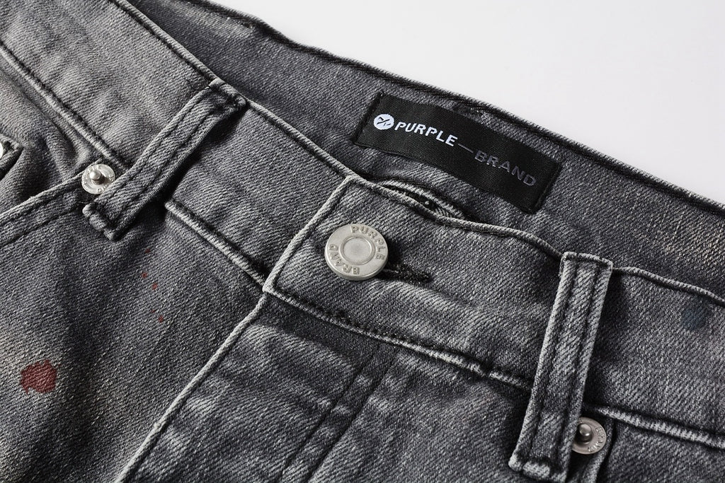 Men's Distressed Gray Graffiti Skinny Jeans with Ripped Holes & Button Fly